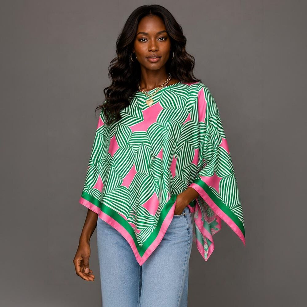 Pink Green Geometric Maze Draped Poncho Cape Print Scarf Fashion Statement Trend